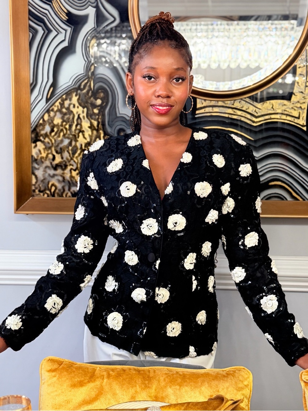 Hand Crafted Black Jacket with White Floral Appliqués